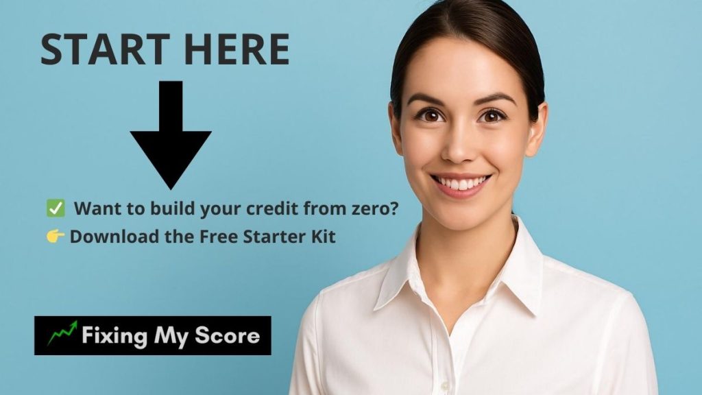 Smiling young woman with a ‘Start Here’ sign and green download arrow, inviting immigrants to download a free credit starter kit in the U.S.
