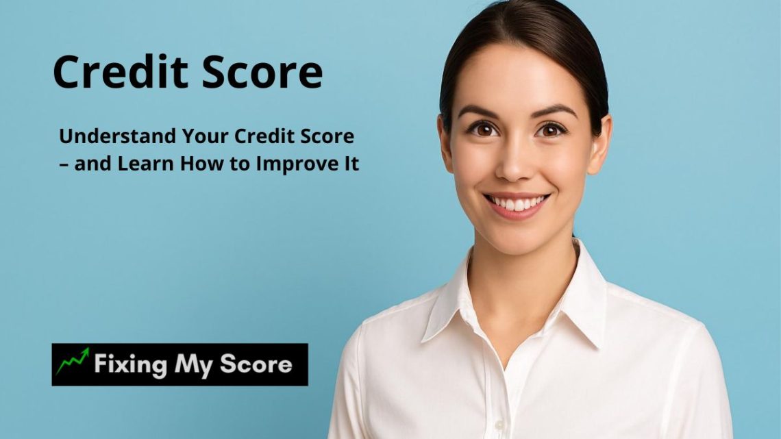 Banner with headline "Credit Score" and subtitle "Understand Your Credit Score – and Learn How to Improve It", smiling young woman on blue background, Fixing My Score logo