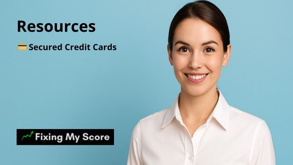 Smiling young woman next to Resources: Secured Credit Cards header on blue background – Fixing My Score blog visual